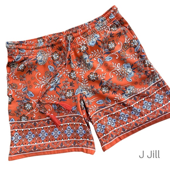 J JILL | NWOT ORANGE ZINNIA FLORAL DRAWSTRING SHORTS TASSELS BORDER PRINT | XS - Picture 1 of 9